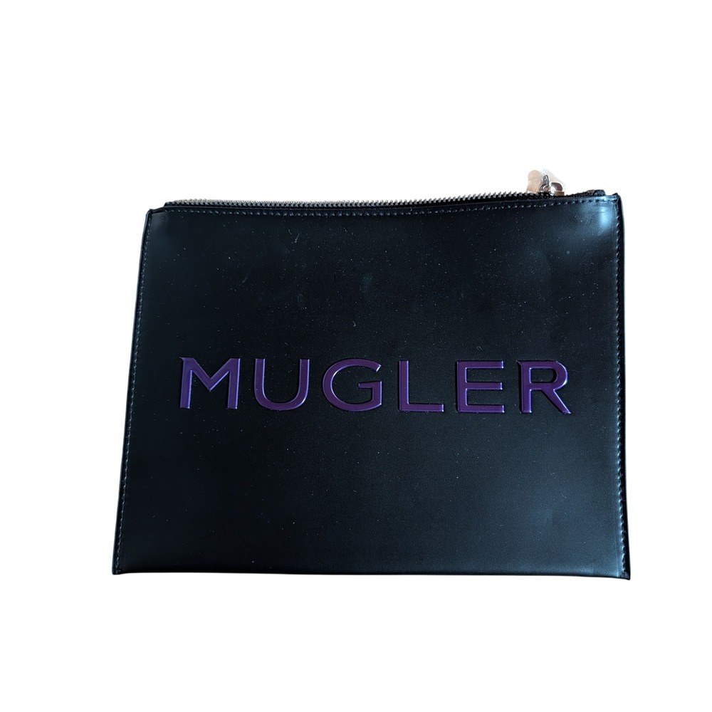 Mugler Pouch Womens OS Black Like New Logo Zip Clutch Faux Leather Bag